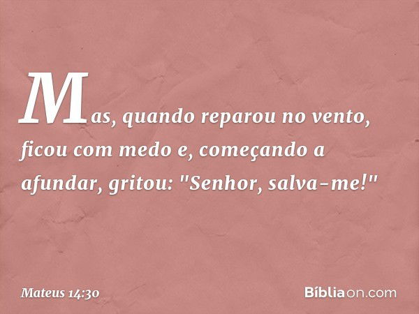 Mas, quando reparou no vento, ficou com medo e, começando a afundar, gritou: "Senhor, salva-me!" -- Mateus 14:30