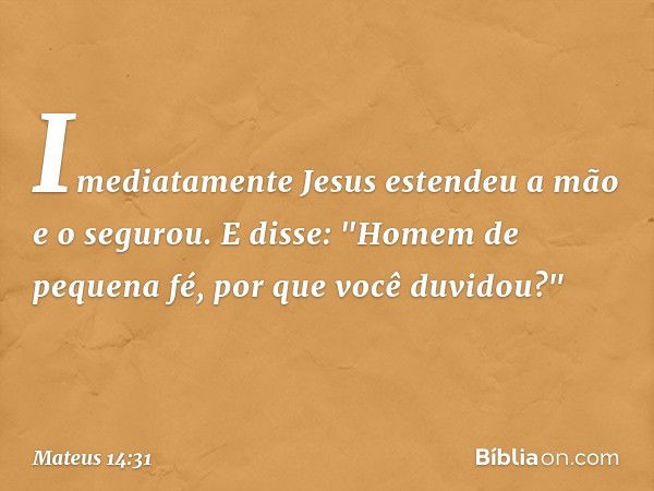 Imediatamente Jesus estendeu a mão e o segurou. E disse: "Homem de pequena fé, por que você duvidou?" -- Mateus 14:31