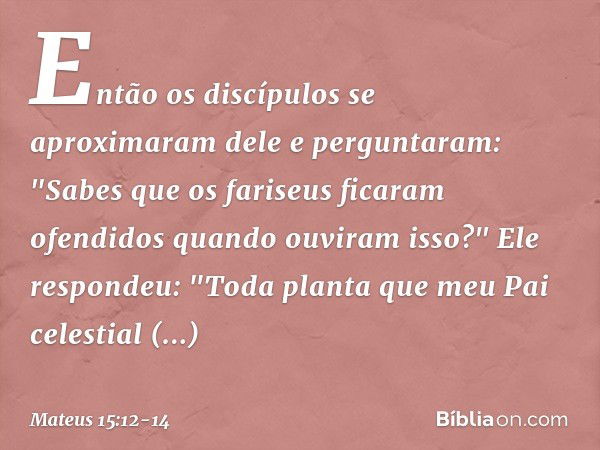 Então os discípulos se aproximaram dele e perguntaram: "Sabes que os fariseus ficaram ofendidos quando ouviram isso?" Ele respondeu: "Toda planta que meu Pai ce