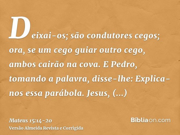 Deixai-os; são condutores cegos; ora, se um cego guiar outro cego, ambos cairão na cova.E Pedro, tomando a palavra, disse-lhe: Explica-nos essa parábola.Jesus, 