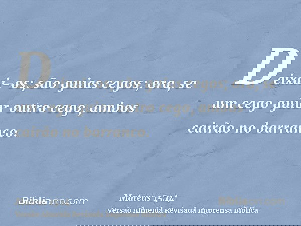 Deixai-os; são guias cegos; ora, se um cego guiar outro cego, ambos cairão no barranco.