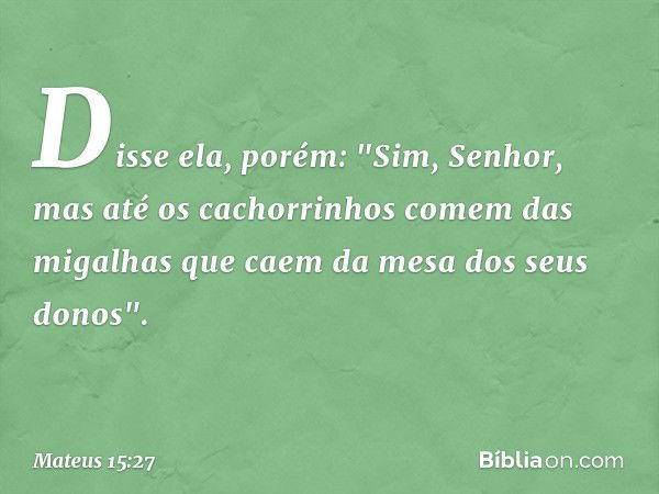 Disse ela, porém: "Sim, Senhor, mas até os cachorrinhos comem das migalhas que caem da mesa dos seus donos". -- Mateus 15:27