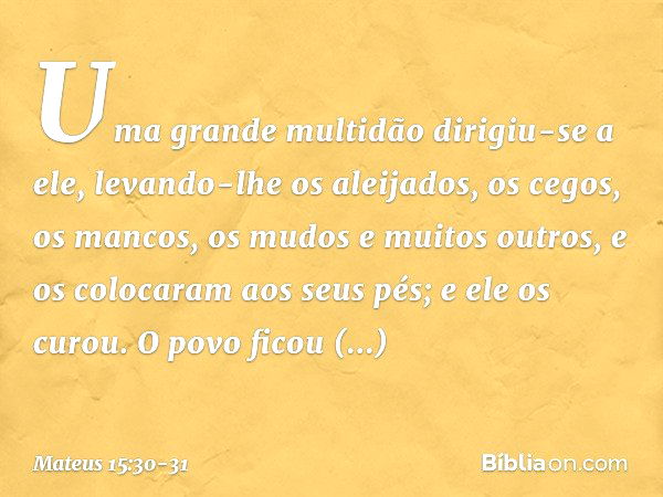 Uma grande multidão dirigiu-se a ele, levando-lhe os aleijados, os cegos, os mancos, os mudos e muitos outros, e os colocaram aos seus pés; e ele os curou. O po