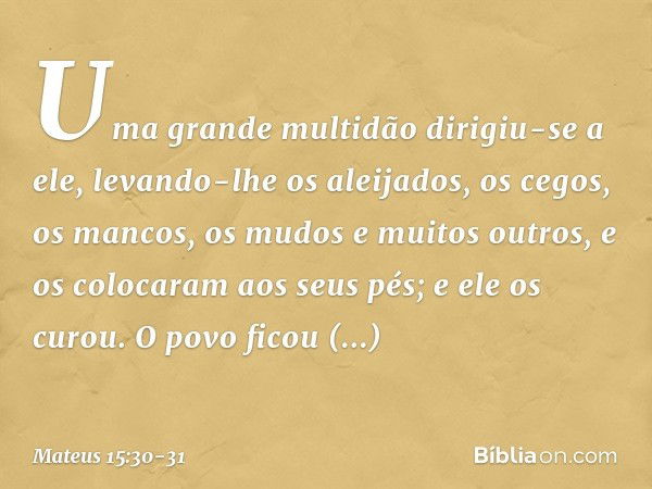 Uma grande multidão dirigiu-se a ele, levando-lhe os aleijados, os cegos, os mancos, os mudos e muitos outros, e os colocaram aos seus pés; e ele os curou. O po