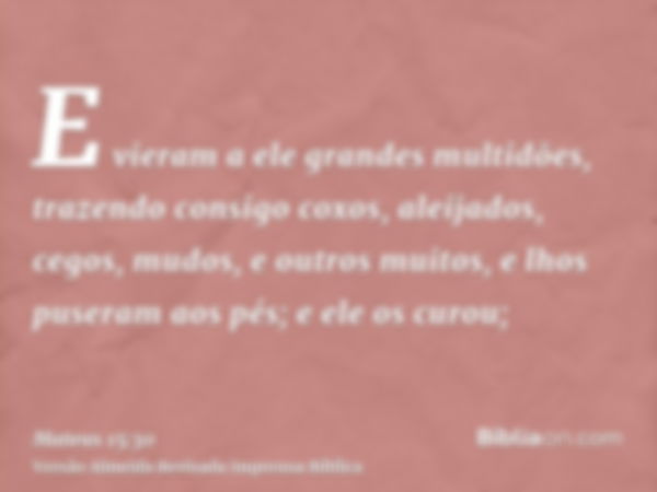 E vieram a ele grandes multidões, trazendo consigo coxos, aleijados, cegos, mudos, e outros muitos, e lhos puseram aos pés; e ele os curou;