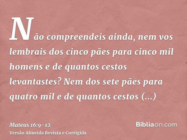 Não compreendeis ainda, nem vos lembrais dos cinco pães para cinco mil homens e de quantos cestos levantastes?Nem dos sete pães para quatro mil e de quantos ces