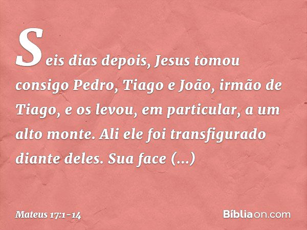 Seis dias depois, Jesus tomou consigo Pedro, Tiago e João, irmão de Tiago, e os levou, em particular, a um alto monte. Ali ele foi transfigurado diante deles. S