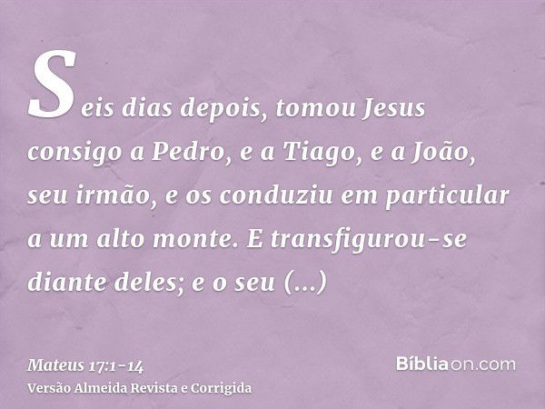 Seis dias depois, tomou Jesus consigo a Pedro, e a Tiago, e a João, seu irmão, e os conduziu em particular a um alto monte.E transfigurou-se diante deles; e o s