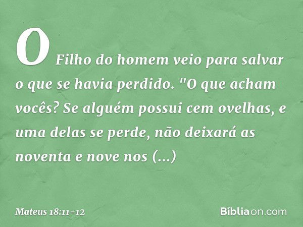 O Filho do homem veio para salvar o que se havia perdido. "O que acham vocês? Se alguém possui cem ovelhas, e uma delas se perde, não deixará as noventa e nove 