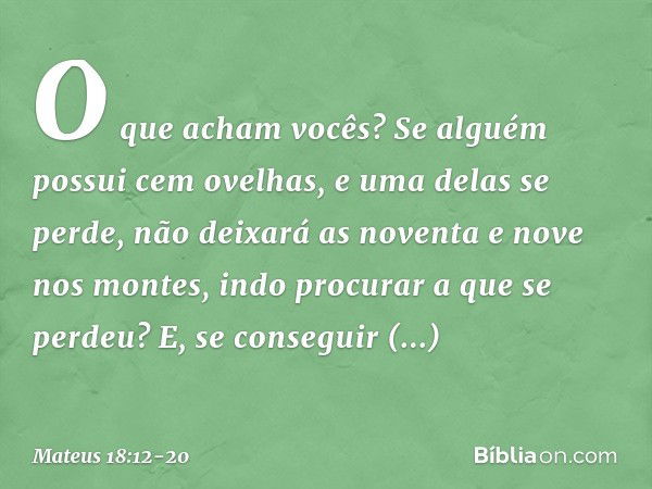 "O que acham vocês? Se alguém possui cem ovelhas, e uma delas se perde, não deixará as noventa e nove nos montes, indo procurar a que se perdeu? E, se conseguir