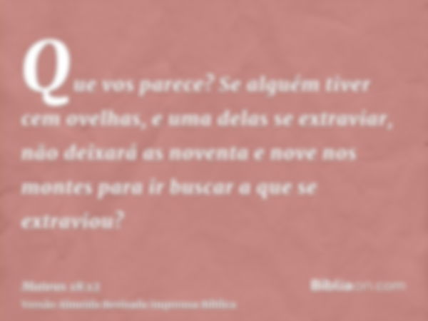 Que vos parece? Se alguém tiver cem ovelhas, e uma delas se extraviar, não deixará as noventa e nove nos montes para ir buscar a que se extraviou?