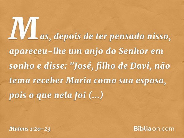 Mas, depois de ter pensado nisso, apareceu-lhe um anjo do Senhor em sonho e disse: "José, filho de Davi, não tema receber Maria como sua esposa, pois o que nela