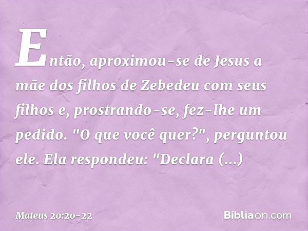 Então, aproximou-se de Jesus a mãe dos filhos de Zebedeu com seus filhos e, prostrando-se, fez-lhe um pedido. "O que você quer?", perguntou ele.
Ela respondeu: 