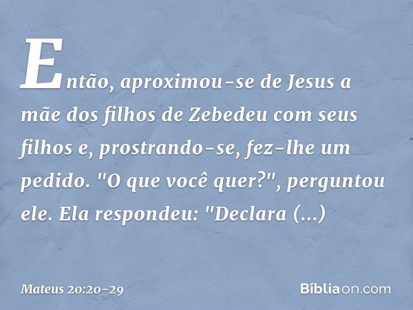 Então, aproximou-se de Jesus a mãe dos filhos de Zebedeu com seus filhos e, prostrando-se, fez-lhe um pedido. "O que você quer?", perguntou ele.
Ela respondeu: 