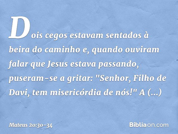 Dois cegos estavam sentados à beira do caminho e, quando ouviram falar que Jesus estava passando, puseram-se a gritar: "Senhor, Filho de Davi, tem misericórdia 