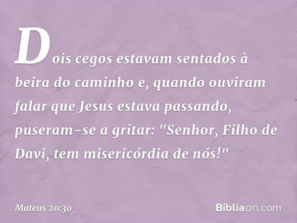 Dois cegos estavam sentados à beira do caminho e, quando ouviram falar que Jesus estava passando, puseram-se a gritar: "Senhor, Filho de Davi, tem misericórdia 