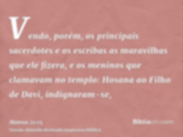 Vendo, porém, os principais sacerdotes e os escribas as maravilhas que ele fizera, e os meninos que clamavam no templo: Hosana ao Filho de Davi, indignaram-se,