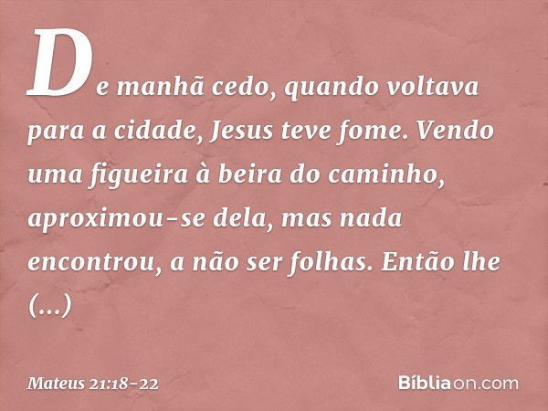 De manhã cedo, quando voltava para a cidade, Jesus teve fome. Vendo uma figueira à beira do caminho, aproximou-se dela, mas nada encontrou, a não ser folhas. En