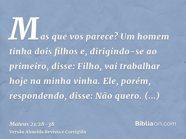 Mas que vos parece? Um homem tinha dois filhos e, dirigindo-se ao primeiro, disse: Filho, vai trabalhar hoje na minha vinha.Ele, porém, respondendo, disse: Não 