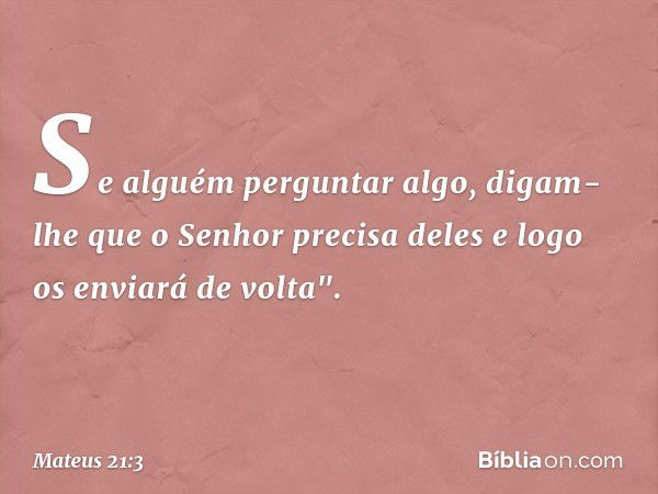 Se alguém perguntar algo, digam-lhe que o Senhor precisa deles e logo os enviará de volta". -- Mateus 21:3