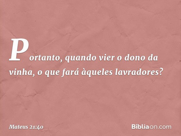 "Portanto, quando vier o dono da vinha, o que fará àqueles lavradores?" -- Mateus 21:40