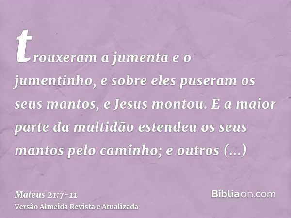 trouxeram a jumenta e o jumentinho, e sobre eles puseram os seus mantos, e Jesus montou.E a maior parte da multidão estendeu os seus mantos pelo caminho; e outr