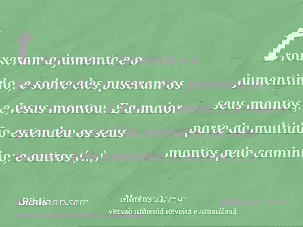 trouxeram a jumenta e o jumentinho, e sobre eles puseram os seus mantos, e Jesus montou.E a maior parte da multidão estendeu os seus mantos pelo caminho; e outr