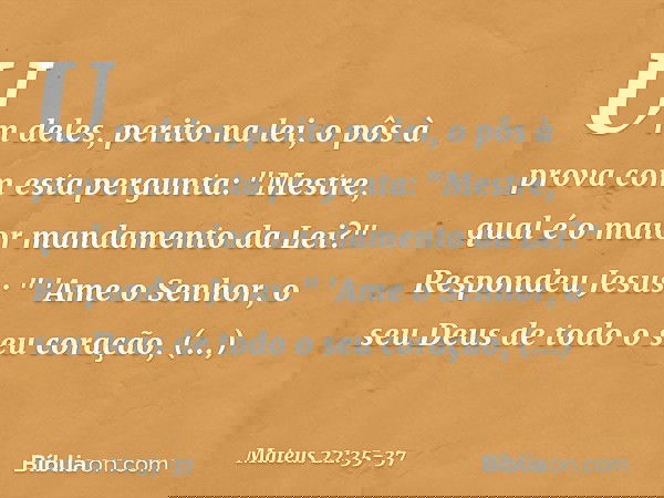 Um deles, perito na lei, o pôs à prova com esta pergunta: "Mestre, qual é o maior mandamento da Lei?" Respondeu Jesus: " 'Ame o Senhor, o seu Deus de todo o seu