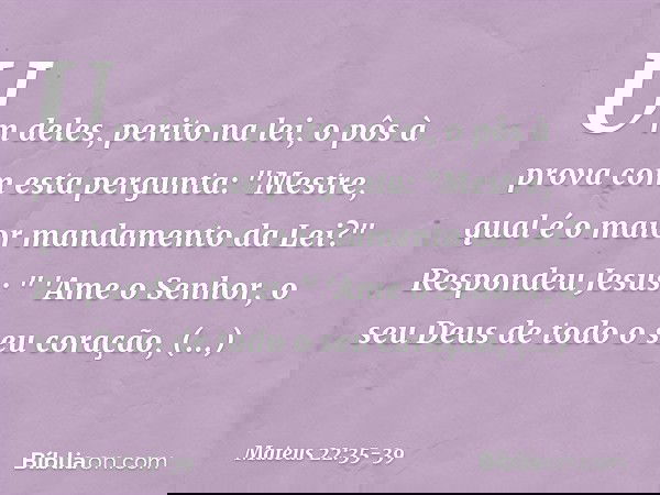 Um deles, perito na lei, o pôs à prova com esta pergunta: "Mestre, qual é o maior mandamento da Lei?" Respondeu Jesus: " 'Ame o Senhor, o seu Deus de todo o seu