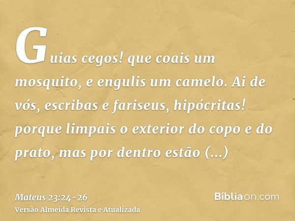 Guias cegos! que coais um mosquito, e engulis um camelo.Ai de vós, escribas e fariseus, hipócritas! porque limpais o exterior do copo e do prato, mas por dentro