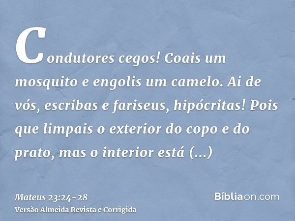 Condutores cegos! Coais um mosquito e engolis um camelo.Ai de vós, escribas e fariseus, hipócritas! Pois que limpais o exterior do copo e do prato, mas o interi