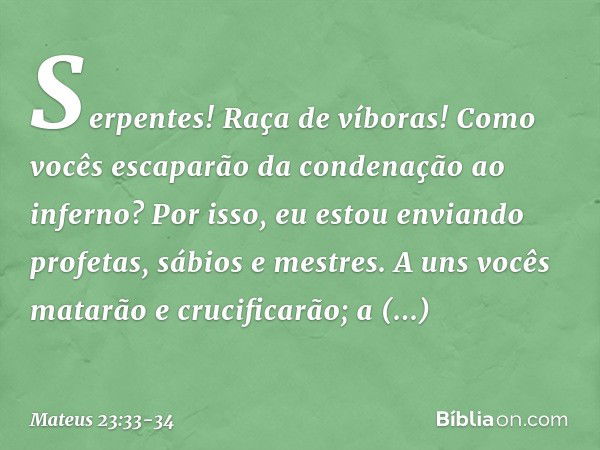 "Serpentes! Raça de víboras! Como vocês escaparão da condenação ao inferno? Por isso, eu estou enviando profetas, sábios e mestres. A uns vocês matarão e crucif