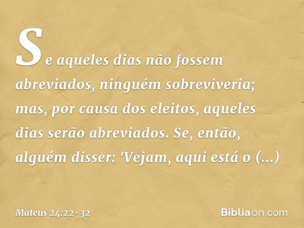 Se aqueles dias não fossem abreviados, ninguém sobreviveria; mas, por causa dos eleitos, aqueles dias serão abreviados. Se, então, alguém disser: 'Vejam, aqui e