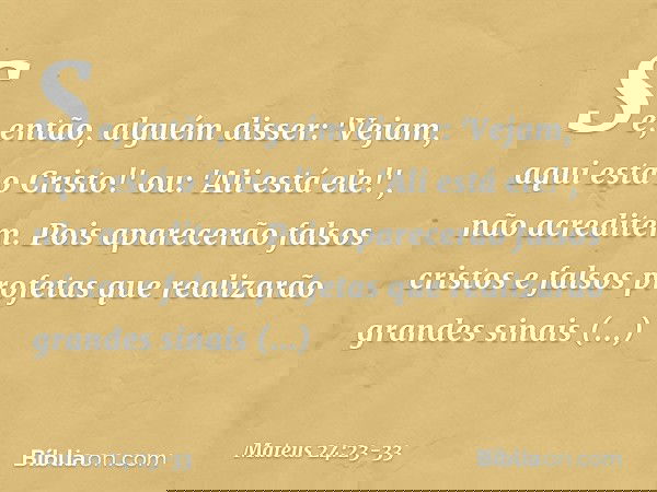 Se, então, alguém disser: 'Vejam, aqui está o Cristo!' ou: 'Ali está ele!', não acreditem. Pois aparecerão falsos cristos e falsos profetas que realizarão grand