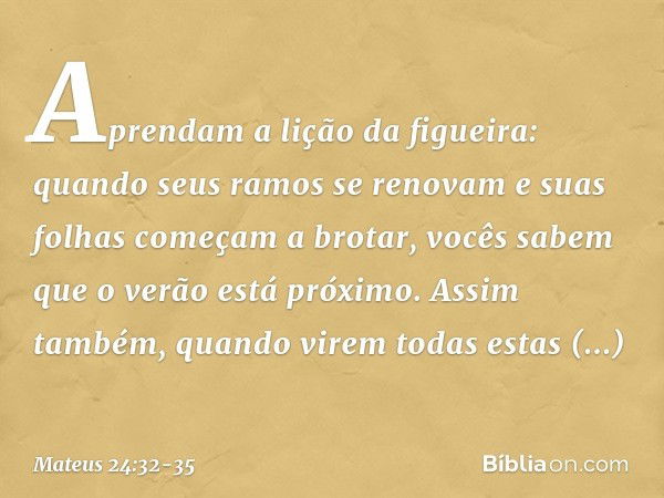 "Aprendam a lição da figueira: quando seus ramos se renovam e suas folhas começam a brotar, vocês sabem que o verão está próximo. Assim também, quando virem tod