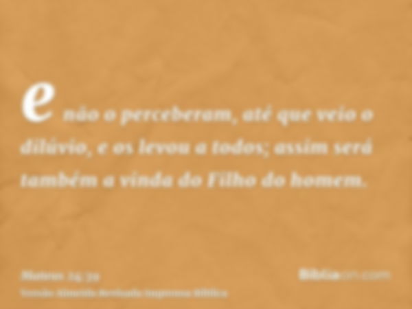 e não o perceberam, até que veio o dilúvio, e os levou a todos; assim será também a vinda do Filho do homem.