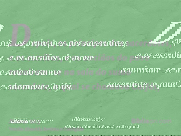 Depois, os príncipes dos sacerdotes, e os escribas, e os anciãos do povo reuniram-se na sala do sumo sacerdote, o qual se chamava Caifás,