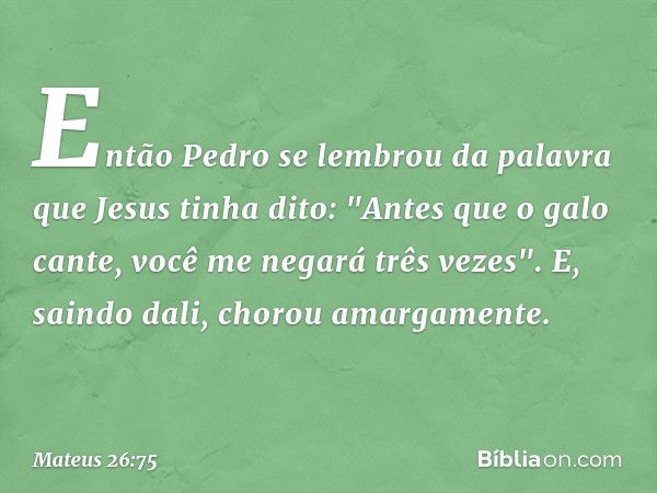 Então Pedro se lembrou da palavra que Jesus tinha dito: "Antes que o galo cante, você me negará três vezes". E, saindo dali, chorou amargamente. -- Mateus 26:75