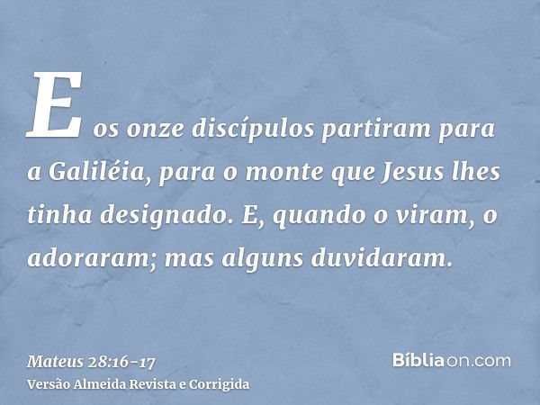 E os onze discípulos partiram para a Galiléia, para o monte que Jesus lhes tinha designado.E, quando o viram, o adoraram; mas alguns duvidaram.