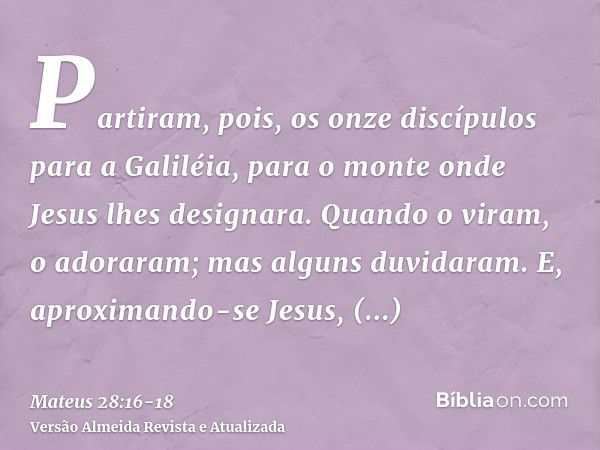 Partiram, pois, os onze discípulos para a Galiléia, para o monte onde Jesus lhes designara.Quando o viram, o adoraram; mas alguns duvidaram.E, aproximando-se Je