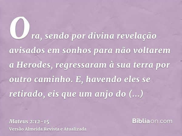 Ora, sendo por divina revelação avisados em sonhos para não voltarem a Herodes, regressaram à sua terra por outro caminho.E, havendo eles se retirado, eis que u