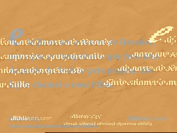 e lá ficou até a morte de Herodes, para que se cumprisse o que fora dito da parte do Senhor pelo profeta: Do Egito chamei o meu Filho.