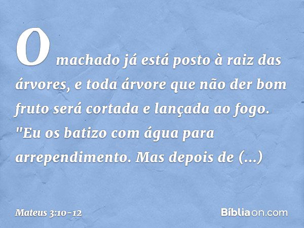 O machado já está posto à raiz das árvores, e toda árvore que não der bom fruto será cortada e lançada ao fogo. "Eu os batizo com água para arrependimento. Mas 