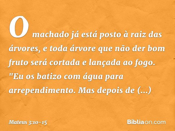 O machado já está posto à raiz das árvores, e toda árvore que não der bom fruto será cortada e lançada ao fogo. "Eu os batizo com água para arrependimento. Mas 