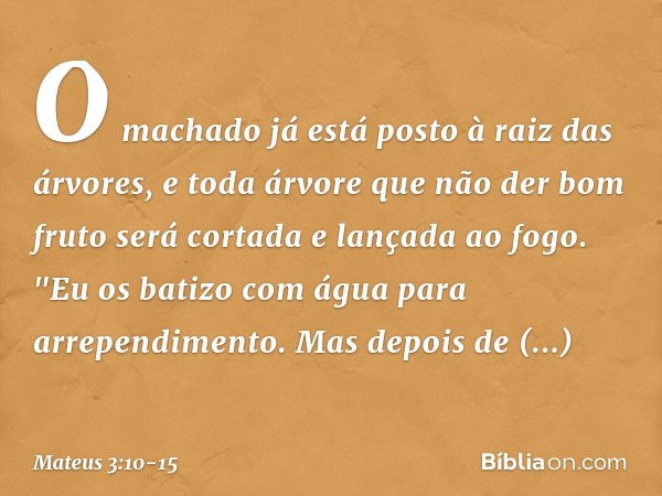 O machado já está posto à raiz das árvores, e toda árvore que não der bom fruto será cortada e lançada ao fogo. "Eu os batizo com água para arrependimento. Mas 