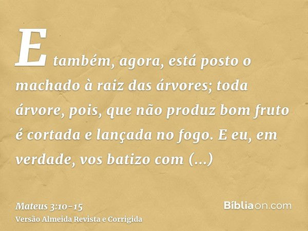 E também, agora, está posto o machado à raiz das árvores; toda árvore, pois, que não produz bom fruto é cortada e lançada no fogo.E eu, em verdade, vos batizo c