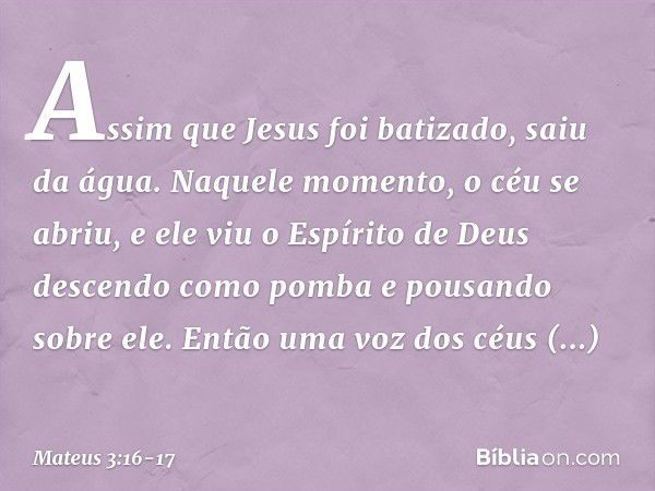 Assim que Jesus foi batizado, saiu da água. Naquele momento, o céu se abriu, e ele viu o Espírito de Deus descendo como pomba e pousando sobre ele. Então uma vo