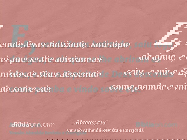 E, sendo Jesus batizado, saiu logo da água, e eis que se lhe abriram os céus, e viu o Espírito de Deus descendo como pomba e vindo sobre ele.