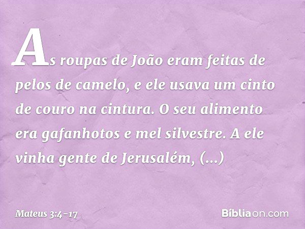 As roupas de João eram feitas de pelos de camelo, e ele usava um cinto de couro na cintura. O seu alimento era gafanhotos e mel silvestre. A ele vinha gente de 