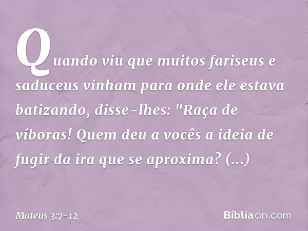 Quando viu que muitos fariseus e saduceus vinham para onde ele estava batizando, disse-lhes: "Raça de víboras! Quem deu a vocês a ideia de fugir da ira que se a